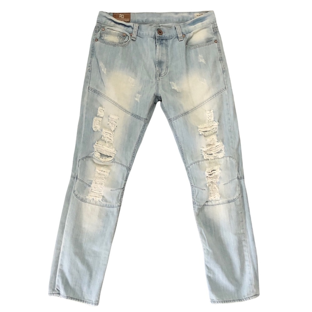 Amongst Others Men Faded Blue Frayed Rip Jeans, Size 34 X 32